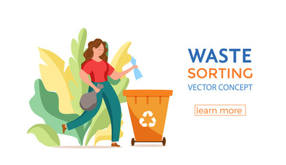 Young woman throwing plastic garbage into containers vector illustration.