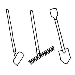 Shovel, rake, bow hoe. Set of gardening tools in doodle style isolated on white background.  Garden tools concept. Equipment for agriculture. Hand drawn vector  illustration.