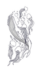 black and white whale with jellyfish. vector