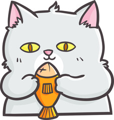 Funny and cute kawaii big grey cat holding a fish and smiling