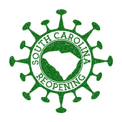 South Carolina reopening stamp. Green round badge of US state with map of South Carolina. US state opening after lockdown. Vector illustration.