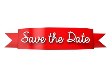 Save the date red banner 3D Rendering