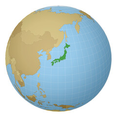 Globe centered to Japan. Country highlighted with green color on world map. Satellite projection view. Vector illustration.