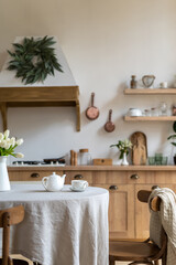 Modern interior house with wooden kitchen, contemporary furniture