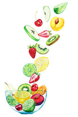 Hand drawn watercolor fruits falling into the glass bowl