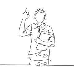 Single line drawing of young happy field project manager wearing headset and carrying clipboard while working. Field manager work life concept. Continuous line draw design vector illustration
