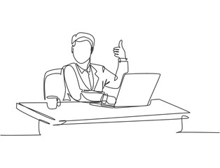 Single line drawing of young businessman sitting on chair in front of laptop and giving thumbs up gesture. Success business manager concept. Continuous line draw design vector graphic illustration