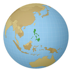 Globe centered to Philippines. Country highlighted with green color on world map. Satellite projection view. Vector illustration.