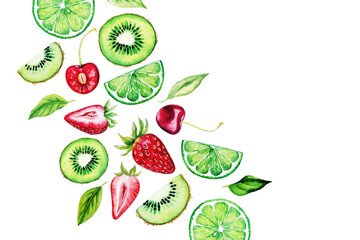Watercolor fruits, flat lay background, hand drawn