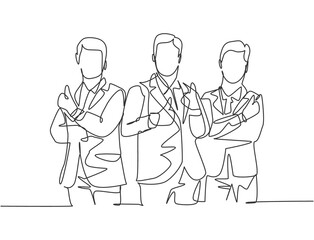 Fototapeta na wymiar Single line drawing group of young happy businessmen standing together and giving thumbs up gesture. Business owner teamwork concept. Continuous line draw design vector illustration