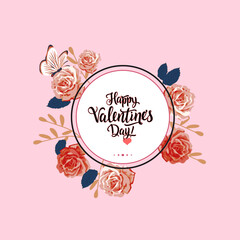 Happy Valentine&rsquo;s day greeting card love letter. Rose flower, butterfly and handwritten text with heart on pink background. For Valentines, mother&rsquo;s, wedding, celebration, birthday.