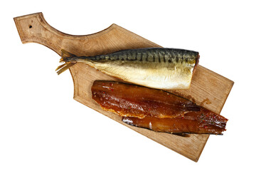 Smoked fillet of mackerel on kitchen wooden board