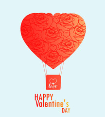 Valentine&rsquo;s day greeting card balloon outline shaped with roses line art, heart and text on soft blue color background cover to template, banner, card, media.