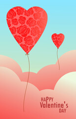 Plakat Valentine’s day greeting card heart balloons outline shaped with rose flower blossom, pink cloud and text on blue sky background cover to template, banner, card, media.