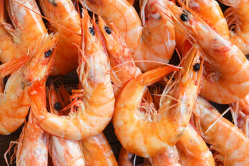 shrimp ready to eat boiled seafood Menu concept serving size. food background top view copy space for text keto or paleo pescatarian diet organic healthy eating