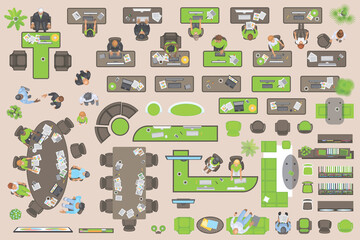 Vector set of office. People at work and office furniture. (top view) Desks, chairs, cabinets, sofas, computers, conference room, reception. Men and women in different poses. (view from above)