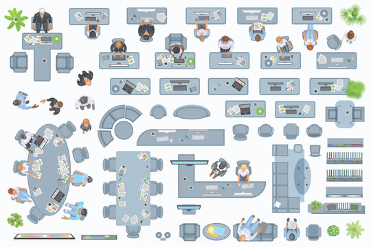 Vector set of office. People at work and office furniture. (top view) Desks, chairs, cabinets, sofas, computers, conference room, reception. Men and women in different poses. (view from above) 