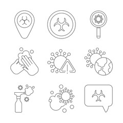 set of icons coronavirus protection, protective measures, coronavirus symptoms, line style icon