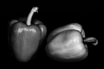 2 frische paprika monochrom mit Wassertropfen