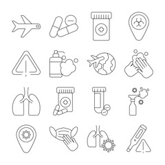 set of icons coronavirus protection, protective measures, coronavirus symptoms, line style icon