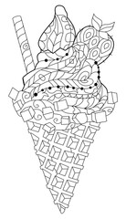 Ice cream are drawn in black and white outline for coloring page.