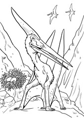 Pteranodon at the nest. Prehistoric pterosaur from jurassic period. Coloring page. © Lunstream