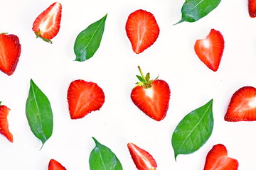 set of red strawberry and green leaves on white background 