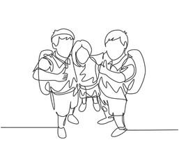One line drawing group of happy male and female elementary school student carrying school bag and giving thumb up gesture. Education concept continuous line draw design vector illustration graphic
