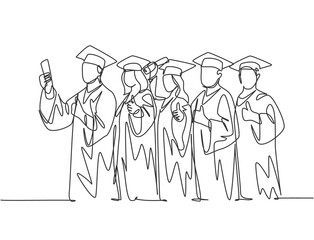 Fototapeta na wymiar One line drawing group of young happy graduate male and female college student wearing gown and holding diploma certificate paper. Education concept continuous line draw design vector illustration