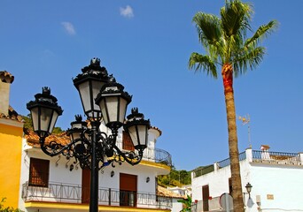 Wrought iron streetlight with a palm tree and town buildings to the rear, Benahavis, Andalusia, Spain.