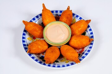 Crab bites tapas with seafood sauce, Spain.