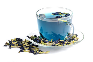 Butterfly pea flower blue tea in glass cup isolated on white background. Healthy detox herbal drink.
