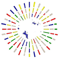 Sketch map of Seychelles. Sunburst around the island in flag colors. Hand drawn Seychelles shape with sun rays on white background. Vector illustration.