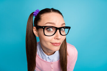 Close-up portrait of her she nice attractive pretty lovely cute funky curious cheery college girl...