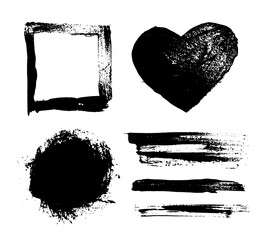 Curly brush and ink strokes. Set of brush strokes heart, rectangle fields in black. Direct hits. Vector illustration