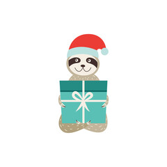 Cute sloth with gift box Christmas or New Year greeting vector isolated on white.