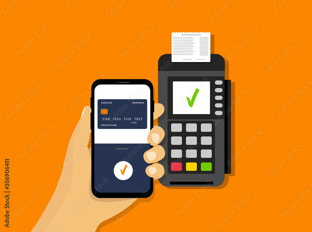 Poster wireless mobile payment. nfc payment. pos terminal and smartphone in hand. flat style.