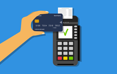 Wireless credit card payment. NFC Payments. Pos terminal and credit card in hand. Vector Flat style.