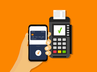 Wireless mobile payment. NFC payment. Pos terminal and smartphone in hand. Flat style.