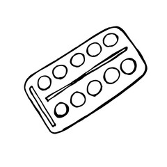 Medical pill packaging in doodle style isolated on a white background. Hand drawn medicine icon. Medical and healthcare concept. 
