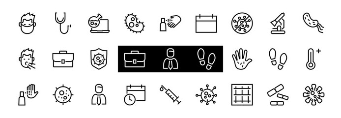 CORONAVIRUS A set of icons on the theme of coronavirus, contains icons such as an antiseptic, handwashing, masks, bacteria, sneezing, temperature, virus, thin lines, editable stroke, vector