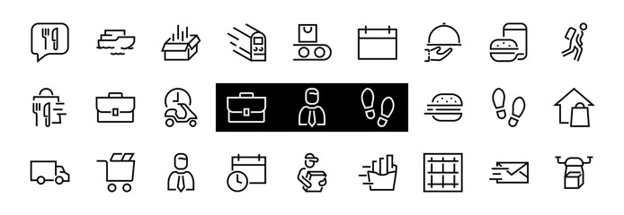 PIZZA DELIVERY, and Food Icon Set Vector thin line, contains courier, home delivery, food ordering, fast transport, drone, ship, car, editable stroke. ICONS circuits
