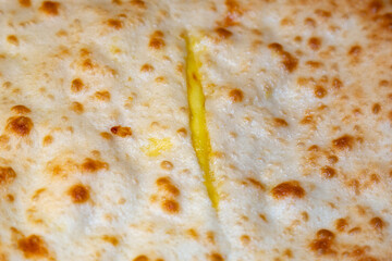 Freshly cooked delicious closed pie with hot cheese inside