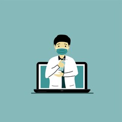Online doctor consultation. Medical doctor web video conference. Doctor wear mask use alcohol antiseptic, hand sanitizer to clean hands. Illustration vector