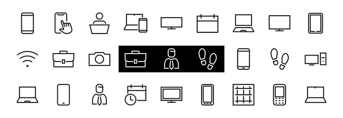 SMART devices and gadgets linear icons set, vector, contains icons computer, camera, laptop, phone, web devices, electronic appliances, and much more. Editable stroke