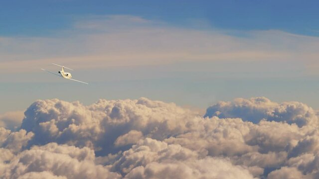 Aerial view of charter private jet flying above white clouds in the sunset, 3d render