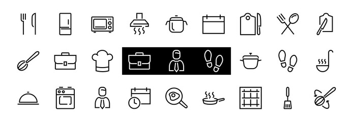 Set of cooking and kitchen icons, Vector lines, contains icons such as frying pan, frying, microwave, fork with spoon, Editable stroke, perfect 480x480 pixels, white background.