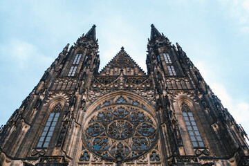 Saint Vitus Cathedral on Hradschin Castle in Prague, Czech Republic, Front Facade with Two Spires...