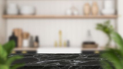 Empty marble table and kitchen blur background decorated with sink and kitchen appliances for montage product display.  3D illustration