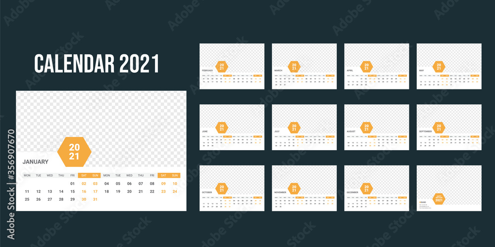 Fototapete calendar design for 2021.week starts on monday. set of 12 calendar pages with cover. horizontal vers